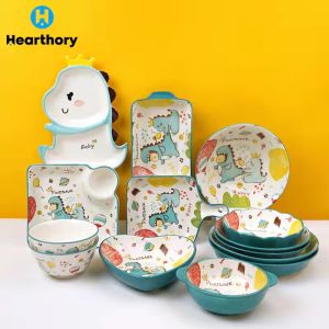 Cartoon Dinosaur 5 inch Ceramic Dining Bowl with Handle Kids Dining Bowl Cute Dinosaur Dining Set for Kids