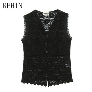 REHIN Fashion V-neck lace undershirt Slim thin versatile sleeveless T-shirt trendy womens top