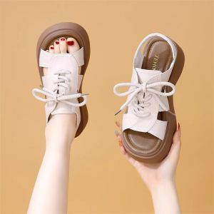 [Free Shipping] 2026 New Thick-Soled Roman Sandals for Women Summer Lace-Up Hollow Soft Leather Comfortable Versatile Height-Increasing Anti-Slip Wedge Shoes