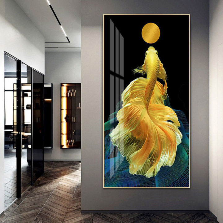 90x160CM Modern Golden Yellow Koi Fish Wall Art Picture Home Decor Canvas  Painting Gift (No Frame)