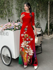 Áo dài gấm vân gỗ in họa tiết hoa sen khô AD041 - Lady Fashion - Khánh Linh Style
