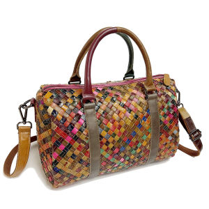 BeeGreen Women Real Leather Woven Handbag Classic Boston Bag Large Capacity Shoulder Bag Multicolor Travel Bag