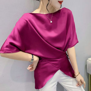 REHIN Womens top Irregular solid color short-sleeved T-shirt satin cross-tie collar elegant blouse