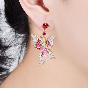 SEQUITO Sang Trọng Tinh Tế Bướm Shape Drop Micro Pave CZ Earrings Đối Với Đám Cưới Phụ Nữ Mạ Vàng Big Flower Pendant Trang Sức Với 925 Sterling Silver Pins