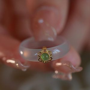 BAGUO Thời trang Khảm Trang sức cặp đôi Thiết kế thích hợp Mây Nhẫn Ngón Tay Chalcedony Nhẫn hoa Nhẫn phong cách Trung Quốc Phụ Kiện Nữ
