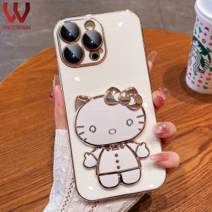 VWTEROKAI Ốp Điện Thoại Gương Trang Điểm Búp Bê Dễ Thương 3D Hello Kitty Cho Điện Thoại 7/8 7/8Plus X/XS XR XS Max 11 Pro Max 12 Pro Max 13 Pro Max 14 Pro Max Ốp Lưng Có Giá Đỡ Bằng TPU Mềm Mạ ốp Lưng