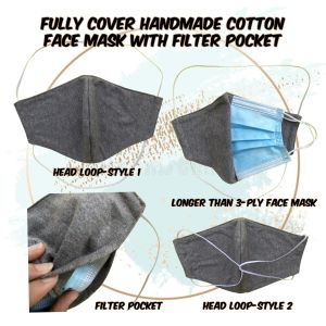 (Fully Cover) Head Loop ADULT MASK Washable Handmade Cotton Face Mask with filter pocket Cloth Face Mask Hijab Topeng Muka Kain Dewasa 可水洗 双层口罩 可换滤片