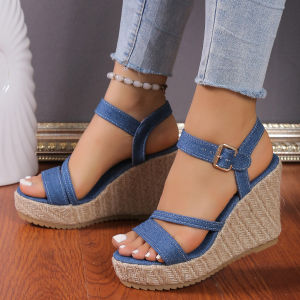 New Summer WomenS Plus Size Peep-Toe Wedge Sandals Fashionable Platform Thick-Soled Denim Slippers