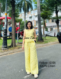 Bộ Linen tưng premium quần ống 30 lưng thun mix áo sát nách. JUNE LINEN S19.