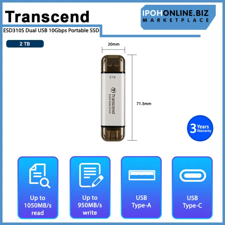 Transcend ESD310S Silver 2TB USB3.1 Gen2 Portable SSD with Type-C & Type-A Connection