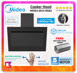 【FREE DUCTING HOSE】Midea MCH-90J82 Cooker Hood 1400m³/hr + Midea Built In Hob MGH-8216SS / MGH-76Q60B