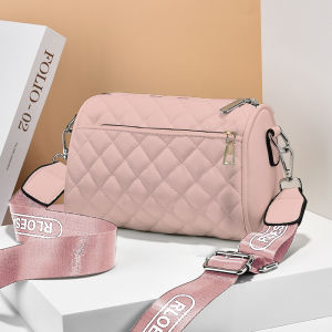 VIVIBAGS#1608 Cute classic barrel shape crossbody bag for female with a diamond-lattice quilted pattern and a distinctive wide adjustable logo strap.