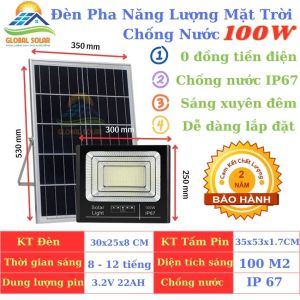 Đèn Led Năng Lượng Mặt Trời Global Solar Chống Nước ip67 100W. Kèm Tấm Pin Rời Có Remote Có Cảm Biến Tự Động Dây Nối 5m Loại Tốt. Thời Gian Sáng 10-14h. Tặng Đầy Đủ Phụ Kiện Đi Kèm. Bảo Hành 24 Tháng