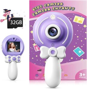 TEKFUN Kids Camera Toy for Girls - Birthday Gifts with Magic Wand Design - Digital Video Camera for Kids with 32GB SD Card - Easter Basket Essentials for Little Girl 2 3 4 5 6 Year Olds (Pink)
