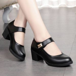 [COD+STOCK] Korean Black Work School Leather Close Round Toe Heels for Women 2 Inches High School Shoes for Women Soft Leather Shoes High Heels Work Shoes Students Shoes Nurse Shoes for Women