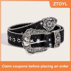 【ZTOYL】 Personality Gothic Rhinestone Belts For Women Girl Fashion PU Leather Belts Western Cowboy Y2K Retro Jeans Skirt Decor Waistband