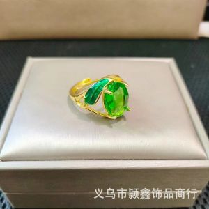 LZD  European and American Emerald Crystal Stone Geometric Antique Enamel Drip Glazed Open Green Leaves Female Ring Ring Shank