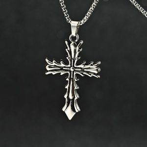 Retro Antique Silver Thorn Cross Pendant Not Fade Stainless Steel For Mens Long Chain Punk Necklace