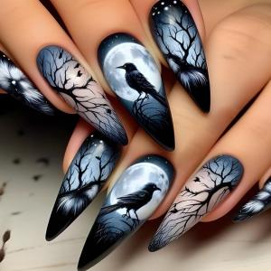 กดอัลมอนด์ยาวบนเล็บด้วยการออกแบบกิ่งอีกาคลุมทั้งหมดเล็บเทียมติดบนเล็บอะคริลิกสำหรับผู้หญิง24ชิ้น