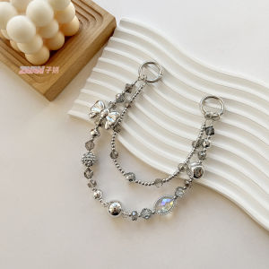 Luxury Ins Silver Bow Double Chain Hand Rope Bead Crystal Chain Phone Case CCD Camera Phone Hanging Rope