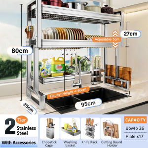 Lifinity Stainless Steel Over-Sink Dish Rack Cabinet 1/2 Tiers 65-95cm Adjutable Plate Drying Rack Dish Rack