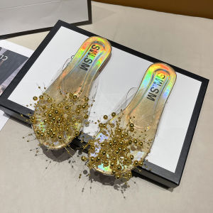 [Free Shipping] WomenS New Summer Outdoor Slip-On Sandals Korean Style With Rhinestones Comfortable Flat Soft-Soled Peep-Toe Sandals For Women