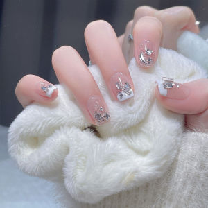 [GG BEAUTY FREE GLUE] 2024 New Trend Fake nails with glue Press on nails Nail manicure set decorated with pearl diamond butterfly rose purple French style Sweet nails