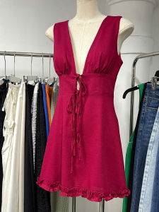 4 màu Sẵn mút Full lót Đầm linen/ denim cut out xẻ ngực cột nơ viền bèo tôn dáng gợi cảm cá tính năng động SOMI DRESS