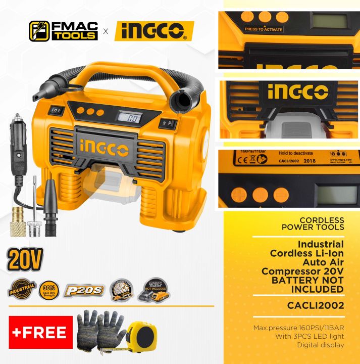 INGCO Industrial Cordless Li-Ion Auto Air Compressor CACLI2002 20V NO ...