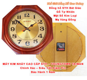 Đồng Hồ Gỗ TỰ NHIÊN SYH Hình Bát Giác – Máy Đồng Hồ Kim Trôi Nhật – Mặt Số Kim Loại Vàng Đồng – Tặng Pin MAXCELL – Bảo Hành 2 Năm