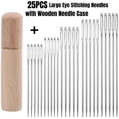 25PCS Large Eye Stitching Needles 5 Sizes Big Eye Hand Sewing Sharp Needles Embroidery Thread Needle with Wooden Needle Case