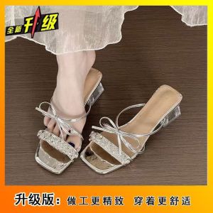 [Free Shipping] Square-Toe Bow-Knot Rhinestone Sandals WomenS Summer Outdoor Wear Stylish And Elegant
