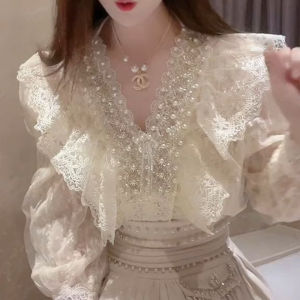 Beading Embroidery Lace T-shirt 2025 New Autumn Women Elegant V-neck Puff Sleeve Shirt Spring French Chic Long Sleeve Blouses2026