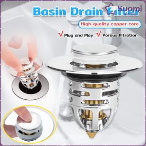 Suomi Universal Bathroom Sink Drain Stopper Brass Pop-Up Sink Drain Filter(Silver)