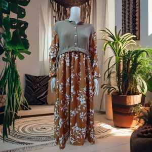 SERINA MIDI DRESS KNIT IMPORT COMBINASI CRINKLE ALEVA MOTIF BUNGA TERVIRAL