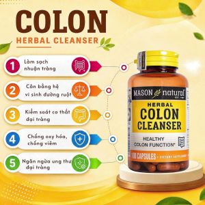 Viên uống hỗ trợ đại tràng Mason Natural Colon Herbal Cleanser 100 Viên - Hỗ trợ giảm các b ệnh lý về đại tràng: viêm đại tràng co thắt viêm đại tràng giả mạc viêm loét đại tràng - Hỗ trợ giảm b ệnh táo bón khó tiêu.