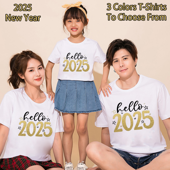 Hello 2025 Printed Family Matching Shirts Black White Purple Fashion