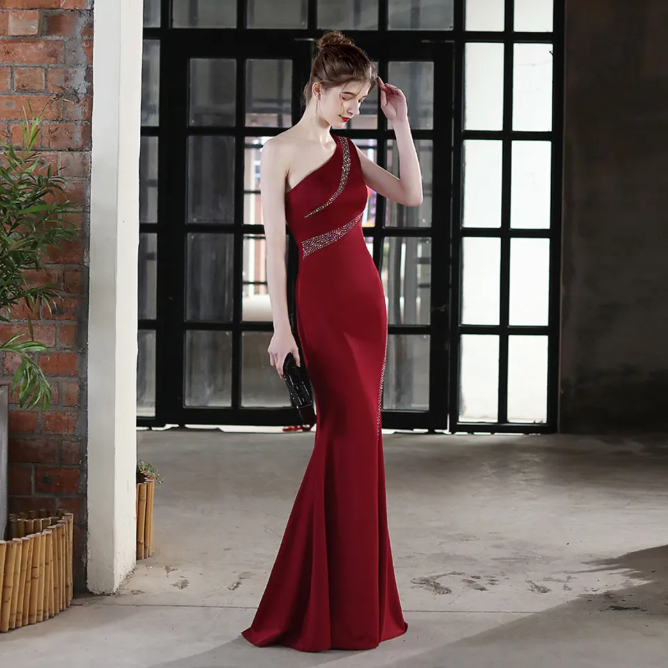 Red one shoulder sales dress long