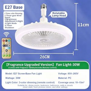 3 in 1 Aromatherapy Ceiling Fan Lamp E27 Remote Control Dimmable 3 Color 3 Speed Quiet Light