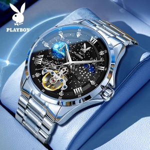 PLAYBOY watches for men original automatic fashion luxury diamond inlaid tourbillon multifunctional starry sky timing dial waterproof luminous stainless steel mens watch