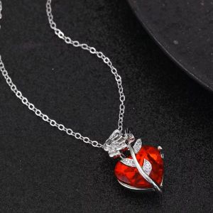 Gothic Ruby Heart & Rose Pendant Necklace – Vintage Gunmetal Statement Jewelry for Women