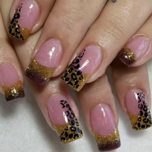 24 Pcs Medium Square False Nail Leopard Print Artificial Nail French Tip Stick On Nail Glittering Press On Nail