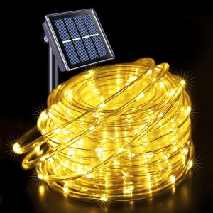 Solar Christmas Rope Lights Outdoor Waterproof 7m/12m LED Fairy String Lights for Garden Party Pool Tree Fence Auto On/Off PVC Tube