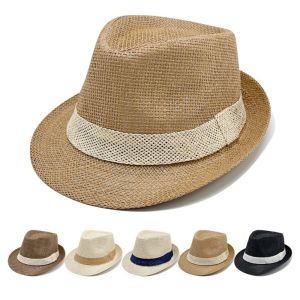 MODERNLUX Solid Color Jazz Hat Woven Stripe Wide Brim Panama Cap Fashion Sun Protection Beach Hat Men Women