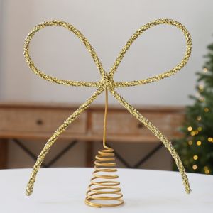 COUPLECOL Bow Shaped Christmas Tree Topper Glitter Finish Luxury Bow Tree Topper Traditional Aesthetic Metal Tree Top Decoration Indoor Decoration