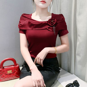 Yimei 2025 Áo thun cho nữ ngắn tay viền diềm xếp nếp hoa ba chiều độc đáo mới mùa hè chất liệu cotton