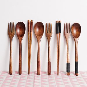 NCNC(okdeals01) Japanese Rice Soups Dinner Kit Wooden Natural Dinnerware Home Cutlery Tableware Utensils Sets Fork Chopsticks Spoon Set
