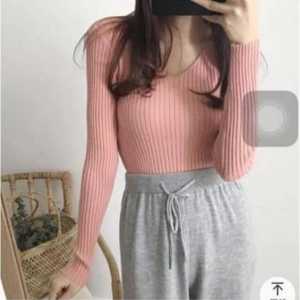 NHV Atasan Rajut Wanita Blus Vneck Lengan Panjang