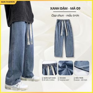 Quần jean quần bò nam nữ ống rộng SUN 09 Màu Xanh thiết kế cạp chun dễ phối đồ phong cách hàn quốc