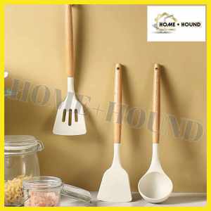 HOME+HOUND Essential Silicone Cooking Utensil Set with Wooden Handles 3-Piece Non-Stick Kitchen Tool Collection